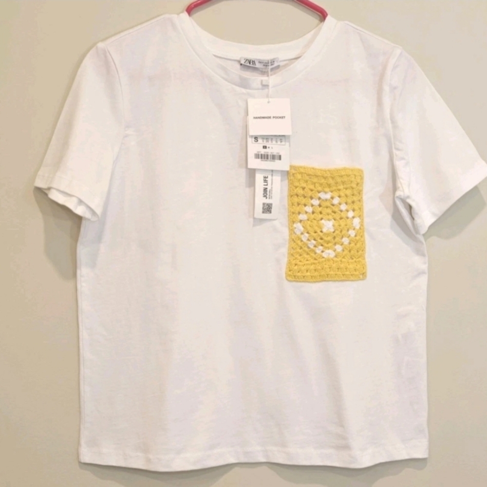 Zara Sz‎ Small Crochet Handmade Pocket Short Sleeve Women's White T-Shirt Top - Picture 2 of 8